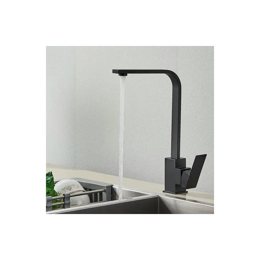 (Black) Square Kitchen Faucet Matte Black Polished Chorme Hot And Cold Kitchen Sink Tap 360 Degree Rotation Mixer Deck Mounted Water Tap 8010038522988