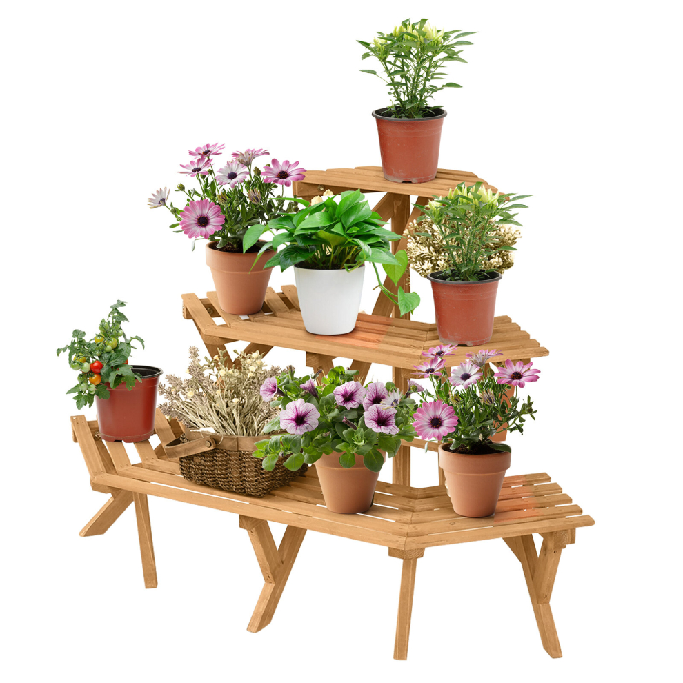 3-Tier Wooden Plant Stand High Low Shelves Flower Rack Pots Holder Corner