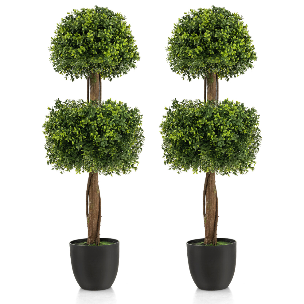 2 PCS 100CM Artificial Boxwood Topiary Ball Tree with Cement-filled Plastic Pot