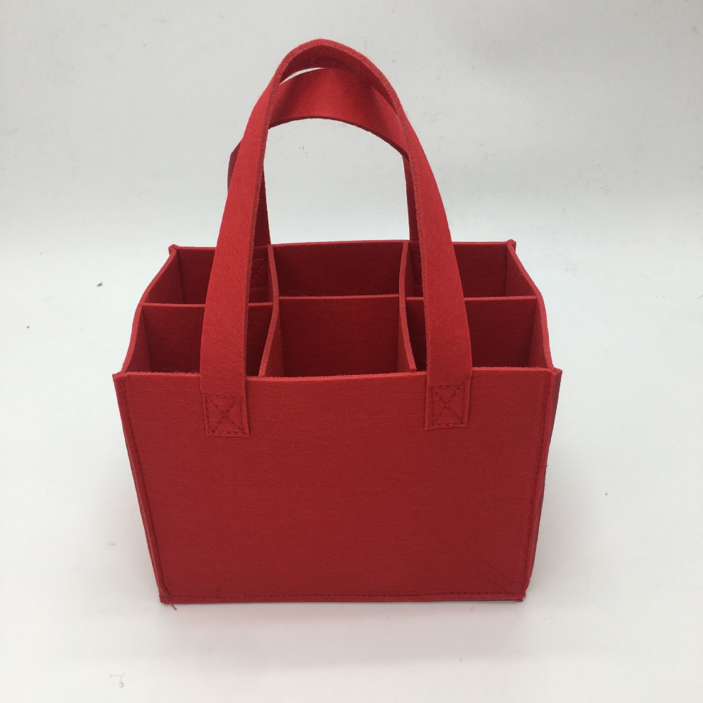 (Red) Carrier Wine Bottle For 6 Bottles Felt Wine Bottle Holder Bag Foldable Reusable