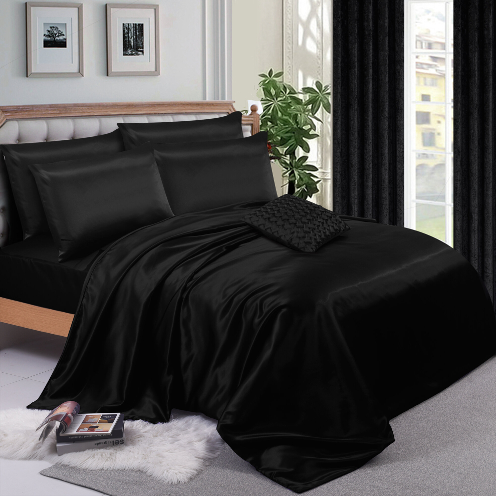 (Super King, Black) 6PCS SATIN BEDDING SET DUVET COVER FITTED SHEET 4 PILLOW CASES