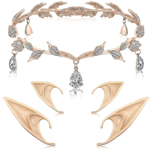 Rhinestone Leaf Wedding Tiara Crown Headband Cosplay Fairy Pixie Elf Ears For Brides Pageants Wedding Prom (rose Gold)
