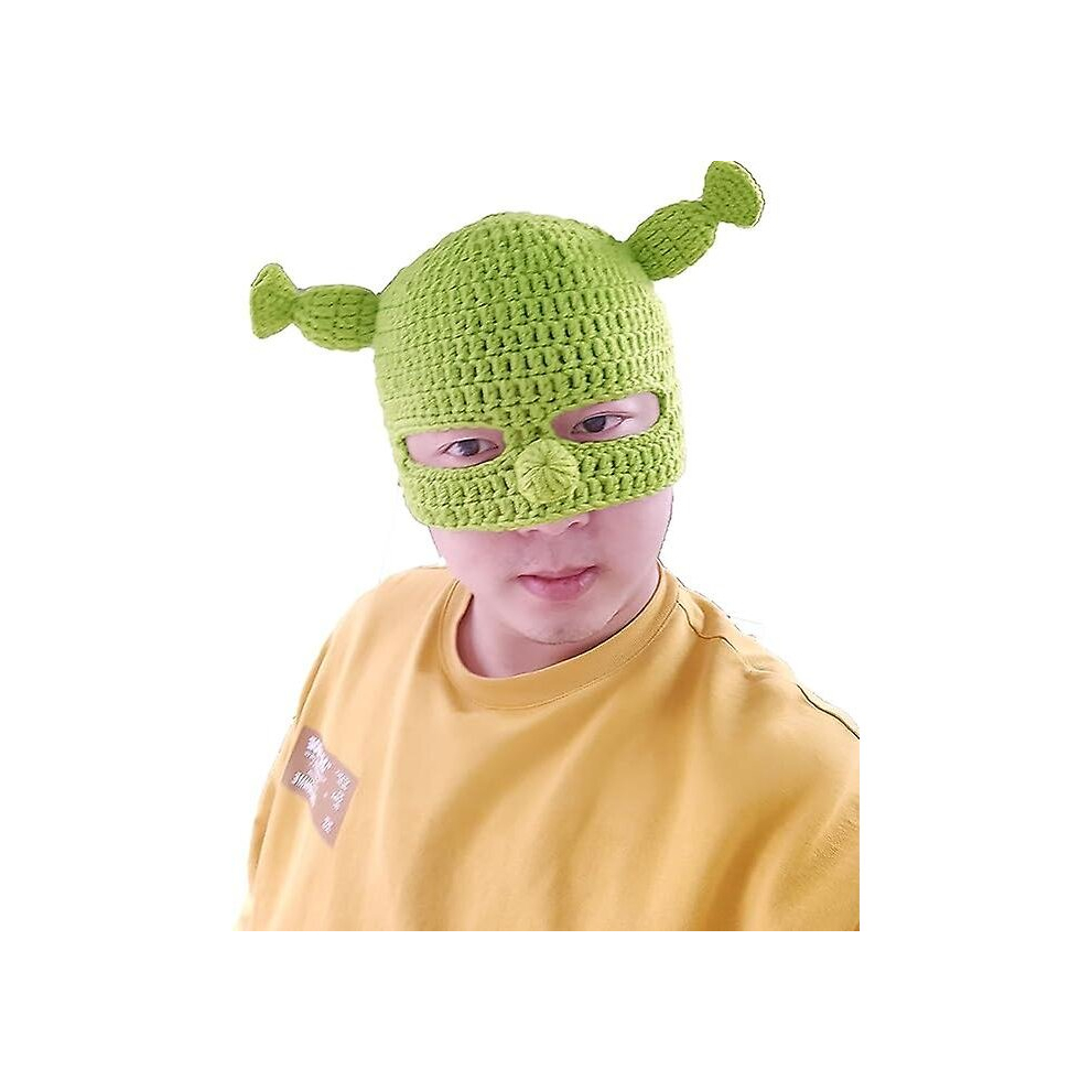 Full Head Green Hat, Shrek Hats With Cute Ears, Knitted Hat With Mask, Funny Halloween Cosplay Prop