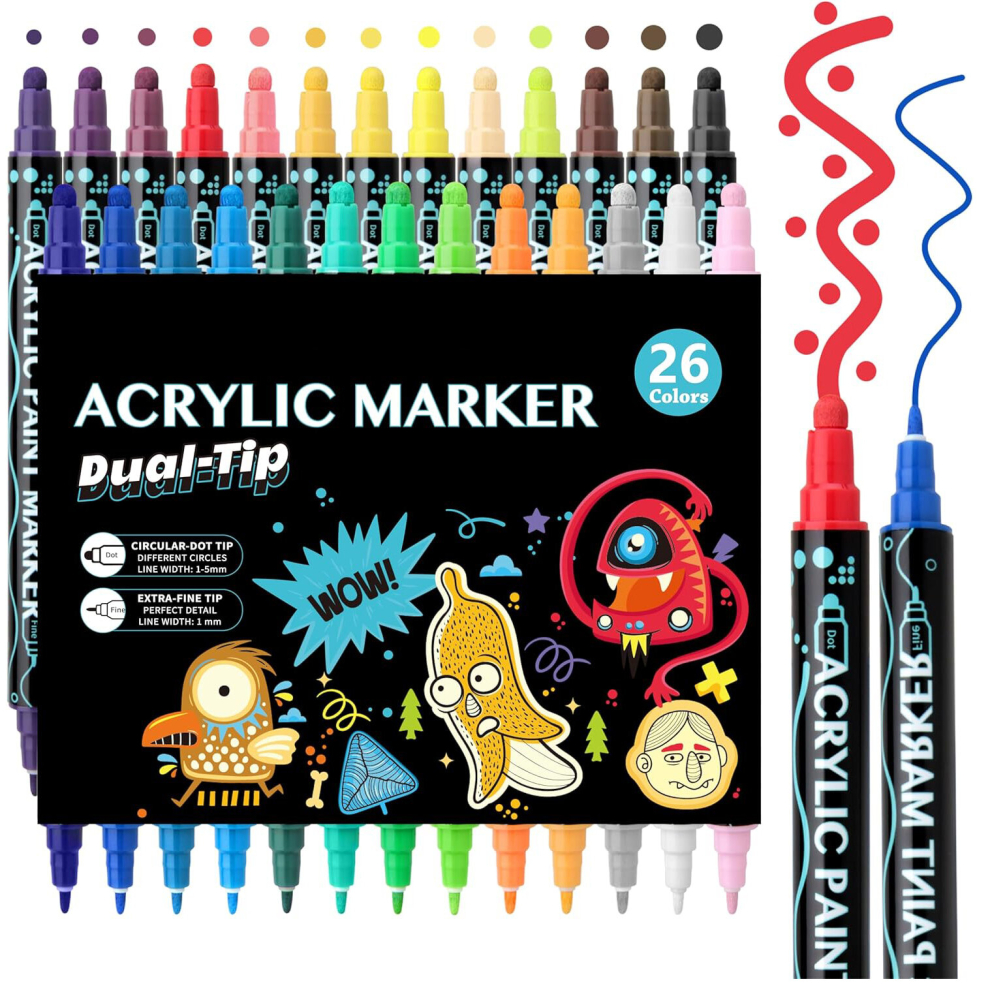 Acrylic Paint Pens Paint Markers-26 Colors Dual Tip Paint Pens Acrylic Dot Markers Pen