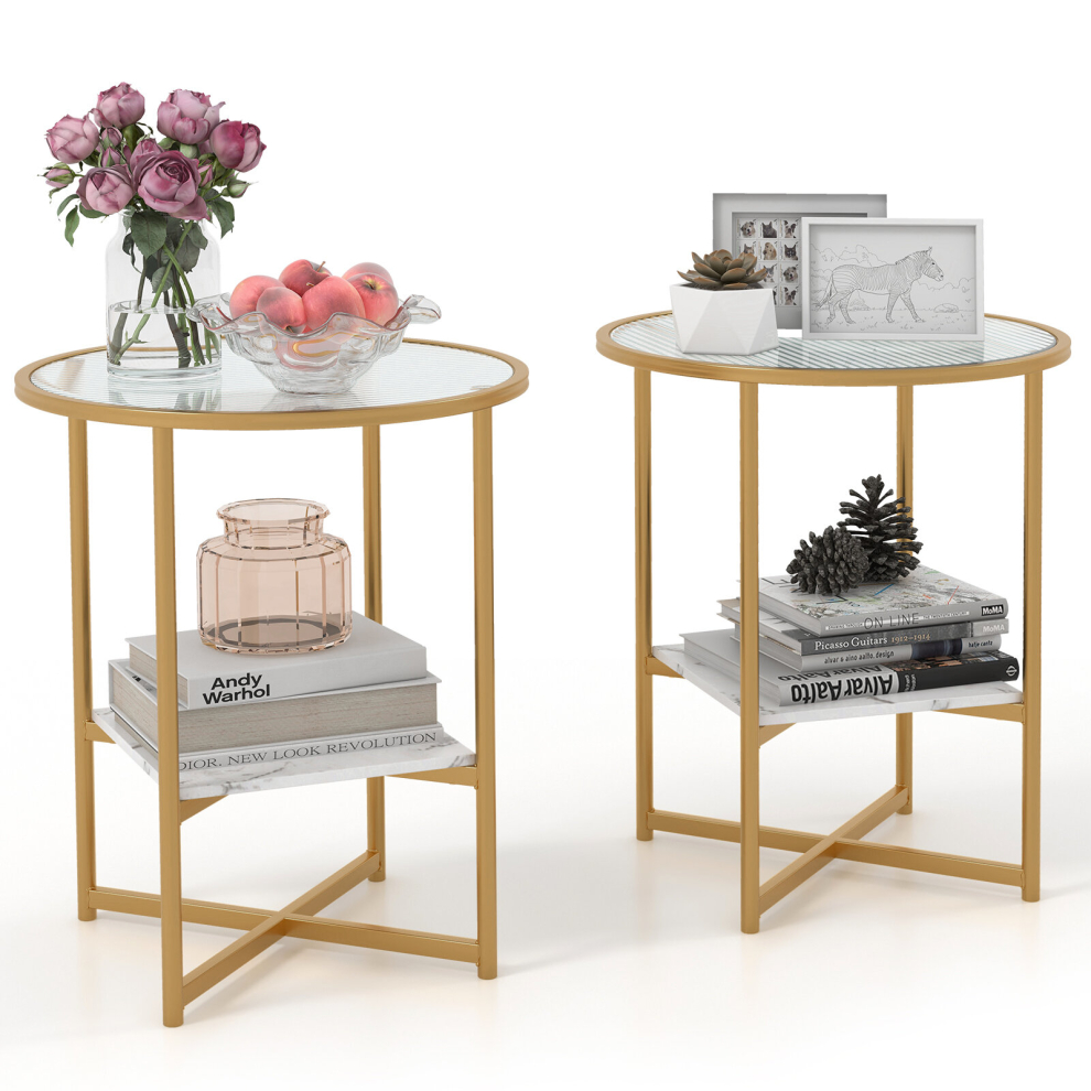 Set of 2 Tempered Glass Top End Side Table Nightstand Coffee Table