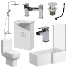 Complete Bathroom Suite L Shaped Bath RH Shower Toilet Basin Taps Vanity Unit