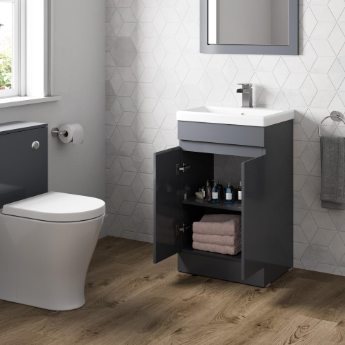 Artis Flat Pack Grey Gloss Free Standing Vanity Unit & Basin - Doors 500mm 2