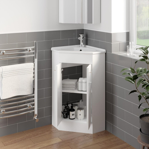 Bathroom Floor Standing Corner Vanity Unit White Gloss Double Door Flat Pack 1