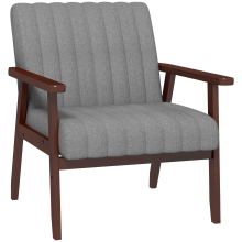 HOMCOM Modern Accent Chair - Grey Linen-Feel Upholstered Armchair for Bedroom & Living Room (839-916V70GY) with Channel Tufting & Brown Wood Legs