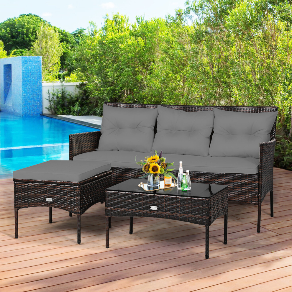 3 PCS Patio Coffee Table & Sofa Set PE Rattan Furniture Set W/ Cushions Glass Tabletop