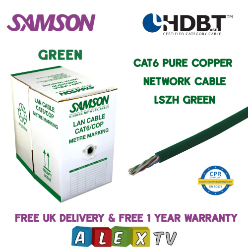 Samson 305m Samson CAT6 Pure Copper LSZH Green Internal Network Cable HDBaseT Certified