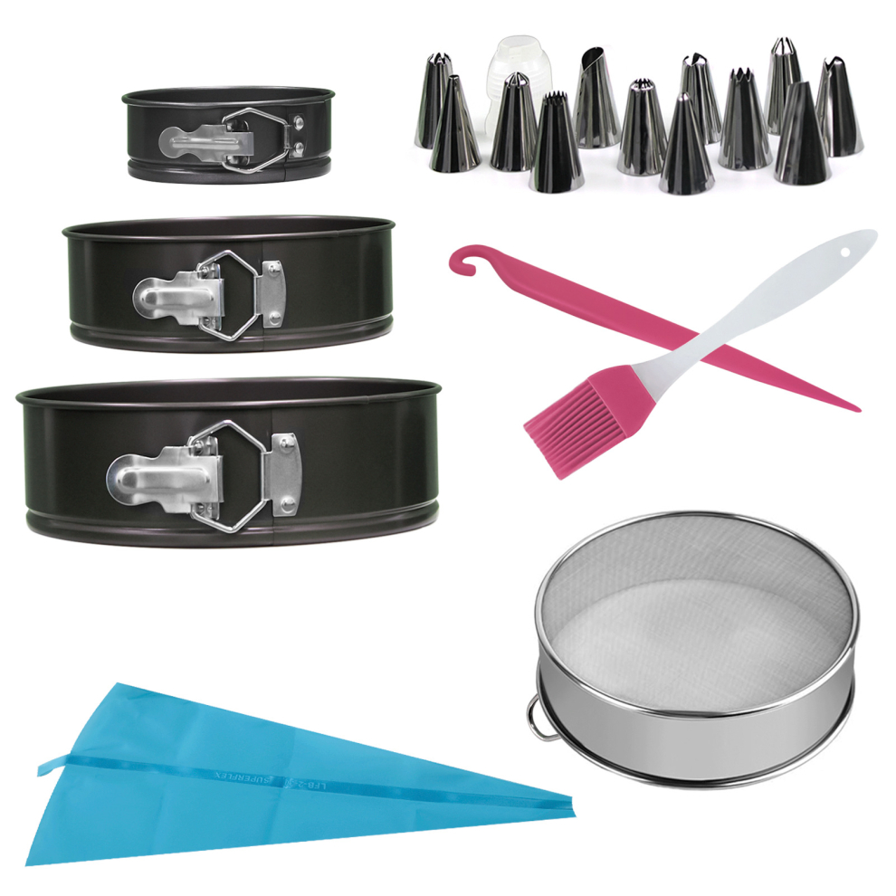 CAKE TIN SET OF 20 ROUND NON STICK SPRING FORM LOOSE BAKING WITH DECORATING TOOL
