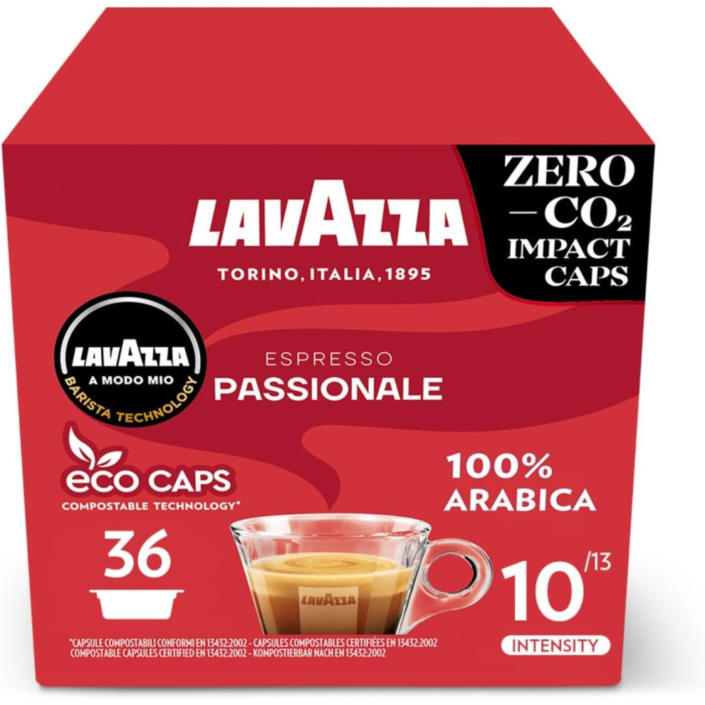 Lavazza A Modo Mio Espresso Passionale Coffee Capsules Arabica Warm Inviting Taste Intensity 11/13 Dark Roasting 40ml Espresso Compostable 36 Pods