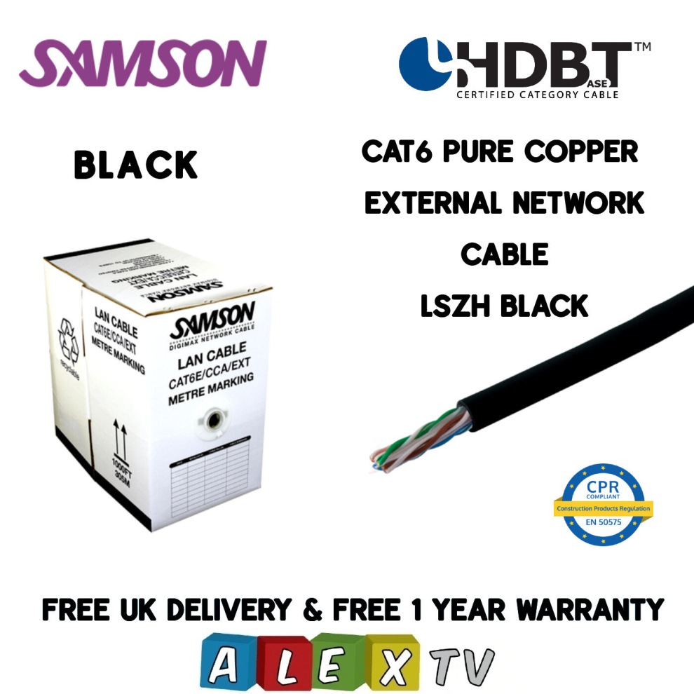 305m Samson CAT6 Pure Copper LSZH BLACK External Network Cable HDBaseT Certified