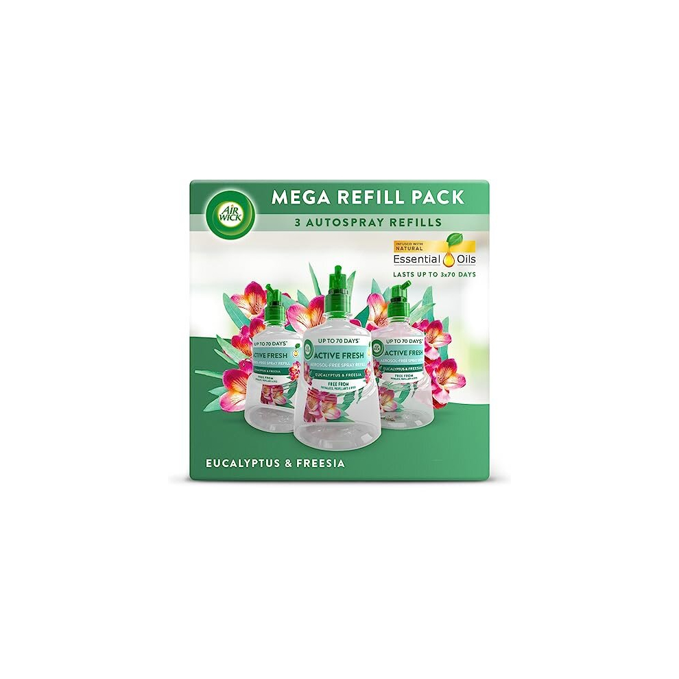 Air Wick Aerosol-Free Automatic Air Freshener Spray |Eucalyptus & Freesia | 3 Refills| 24X7 Active Fresh Odour