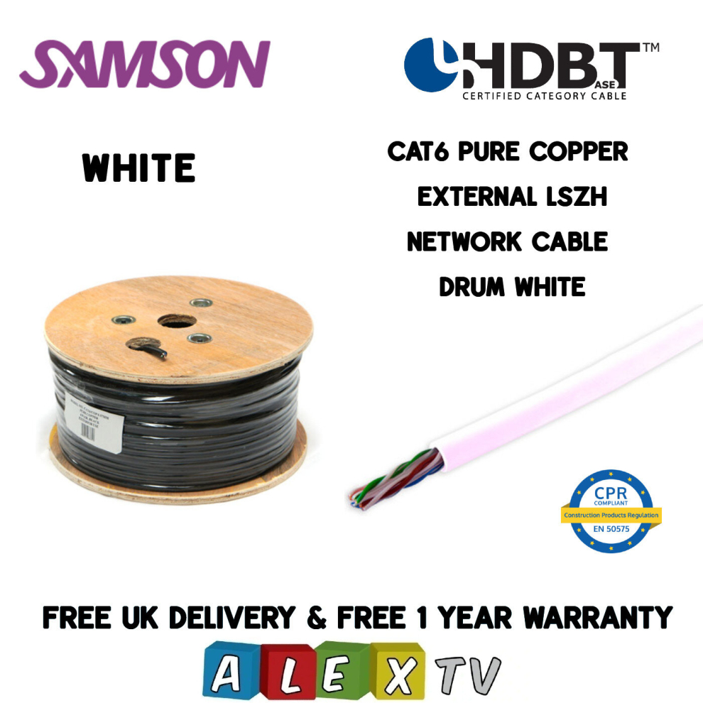 100m Samson CAT6 Copper LSZH WHITE External Network Cable Drum HDBaseT Certified