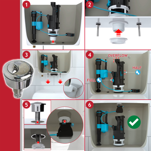 SPARES2GO Universal Dual Flush Toilet Valve 1.5" 2" WC Cistern Push Button Lever Handle Kit 2