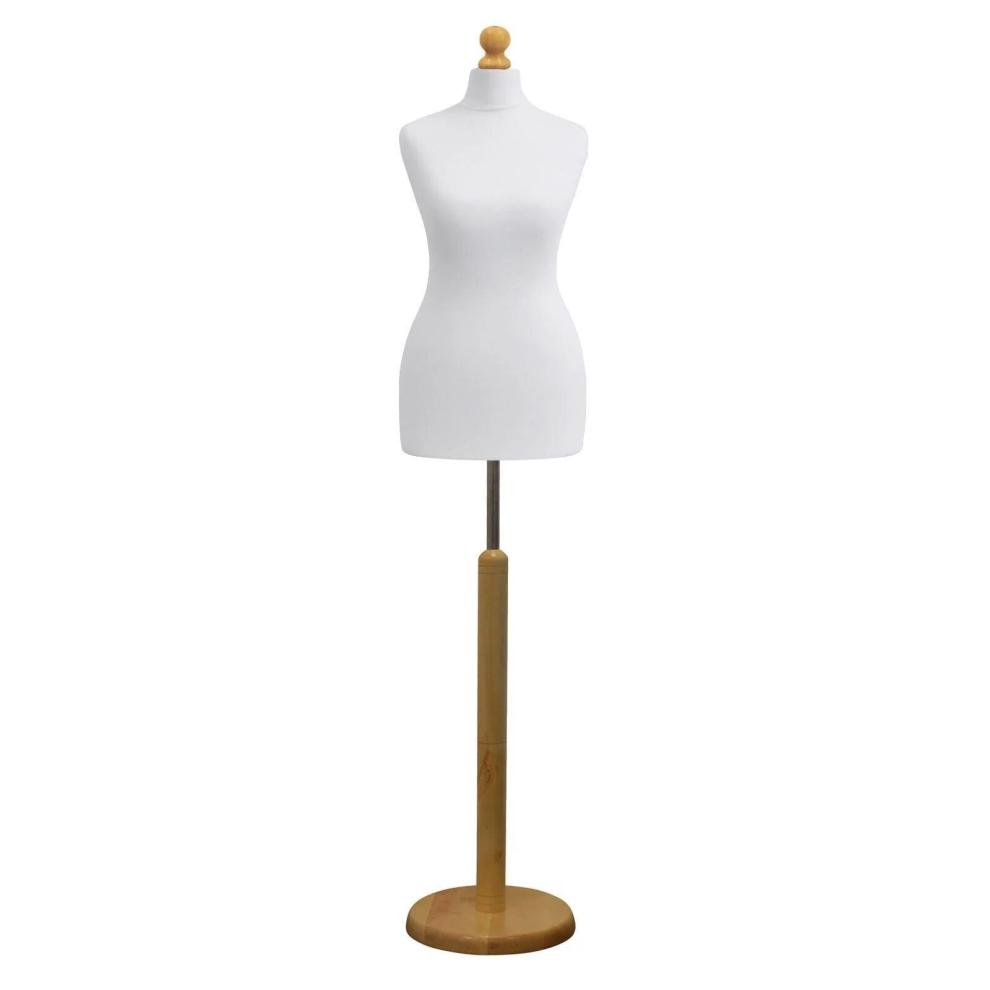 (Female Size 10/12) Female Tailors Dummy White Dressmakers Fashion Students Mannequin Display Bust with A Light Wood Round Base