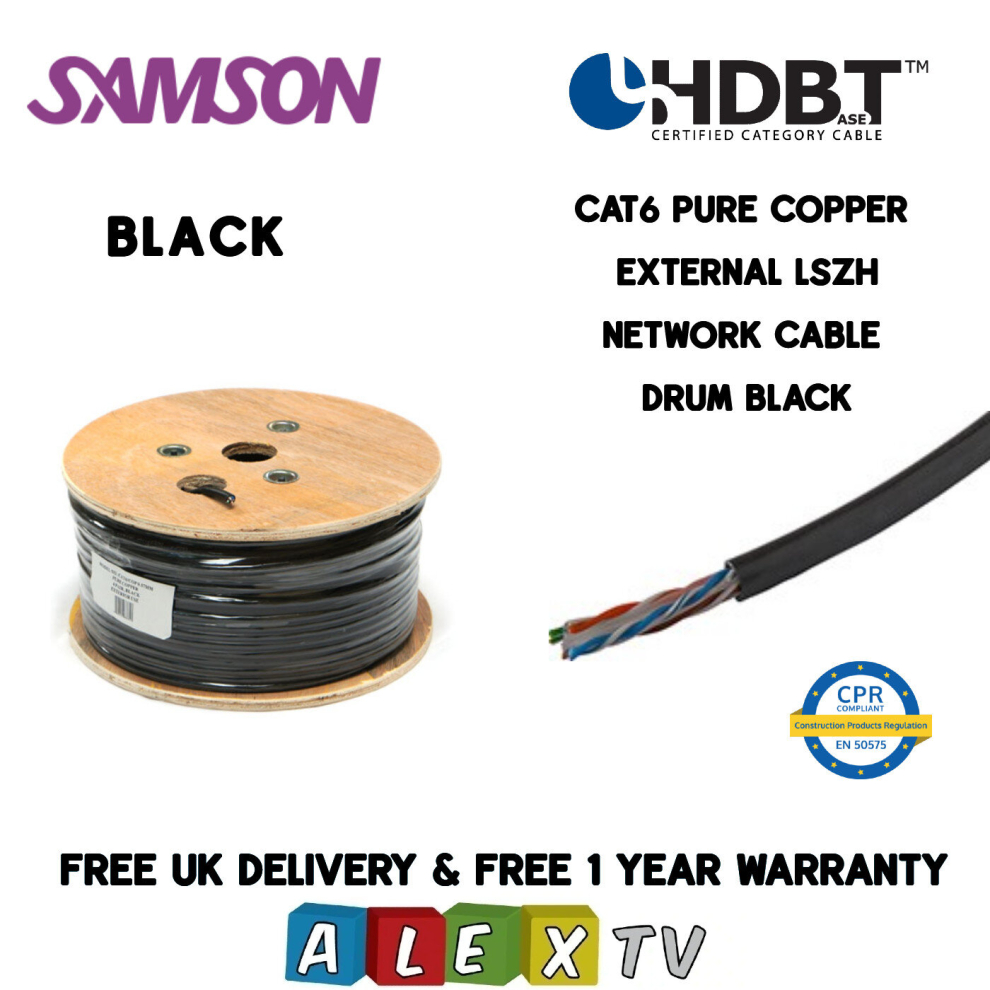 100m Samson CAT6 Copper LSZH BLACK External Network Cable Drum HDBaseT Certified