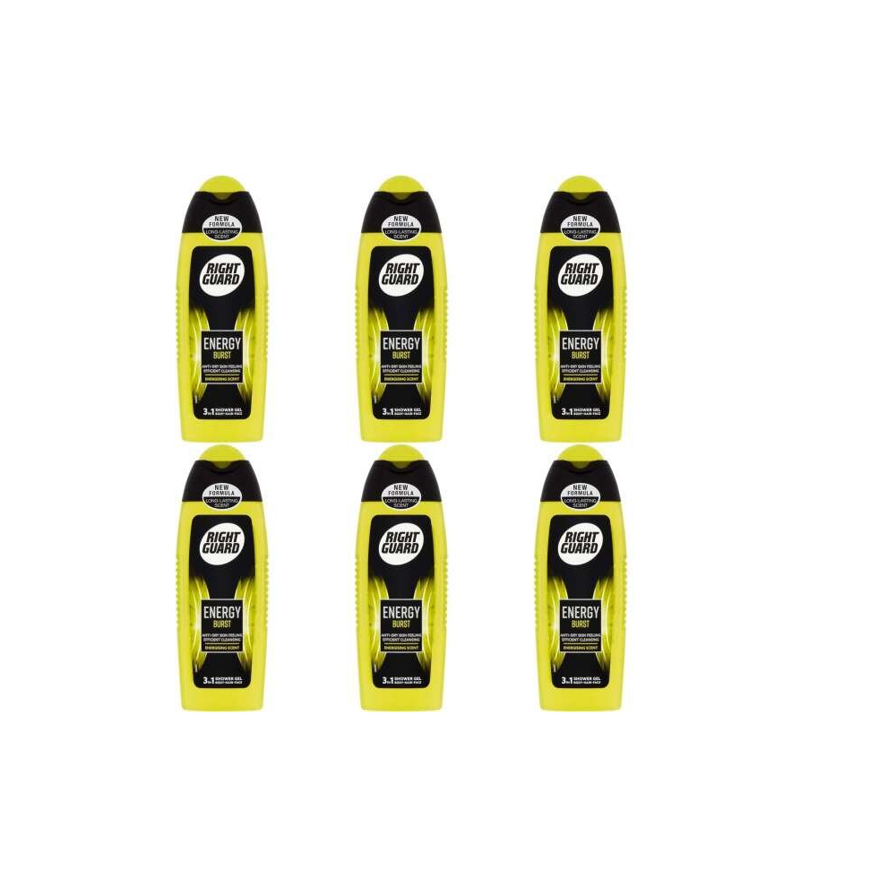 Right Guard 3-in-1 Shower Gel, Energy Burst, 250 ml (Pack of 6)