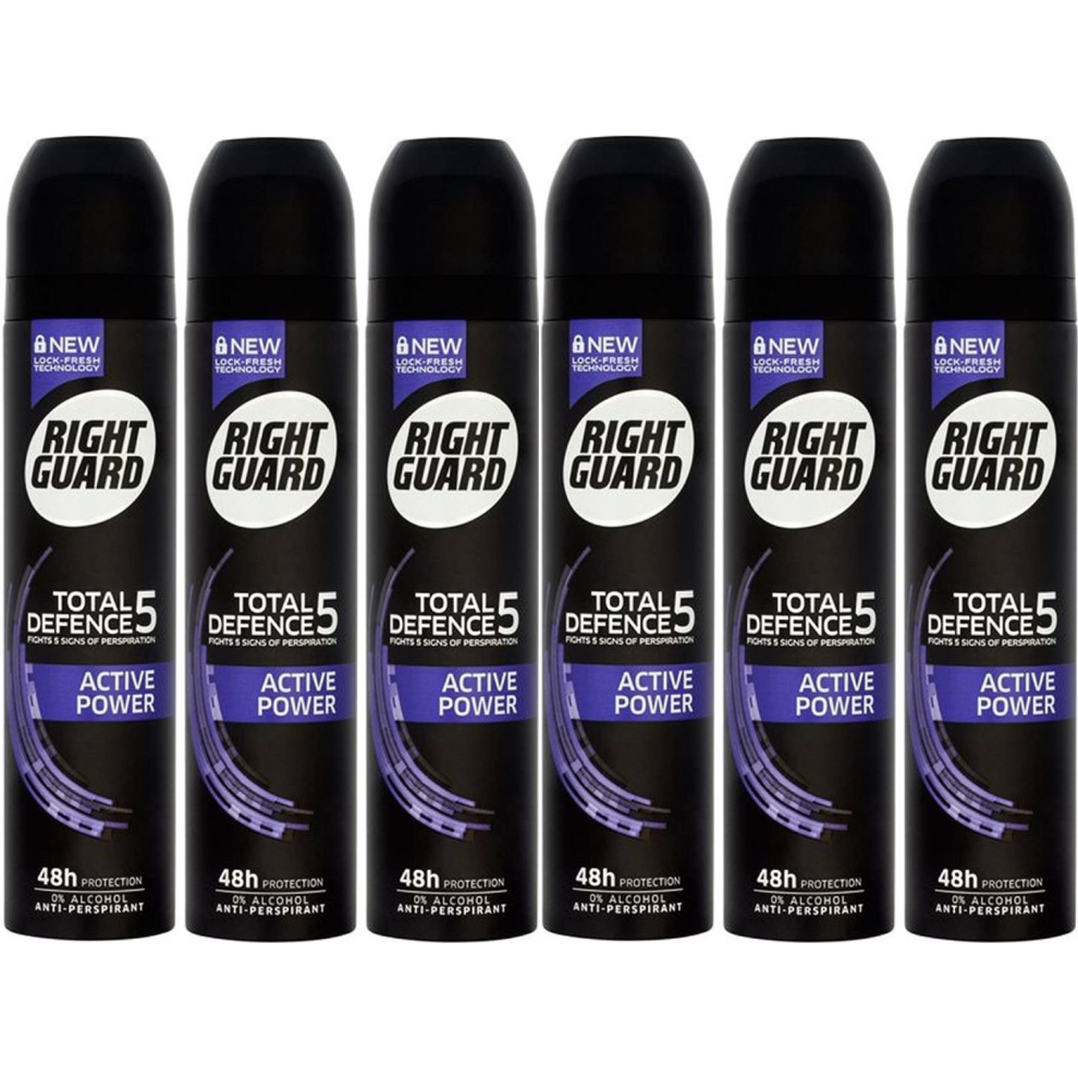 Right Guard Total Defence 5 Men's Anti-Perspirant Deo Active Power, 250ml (Pack of 6)