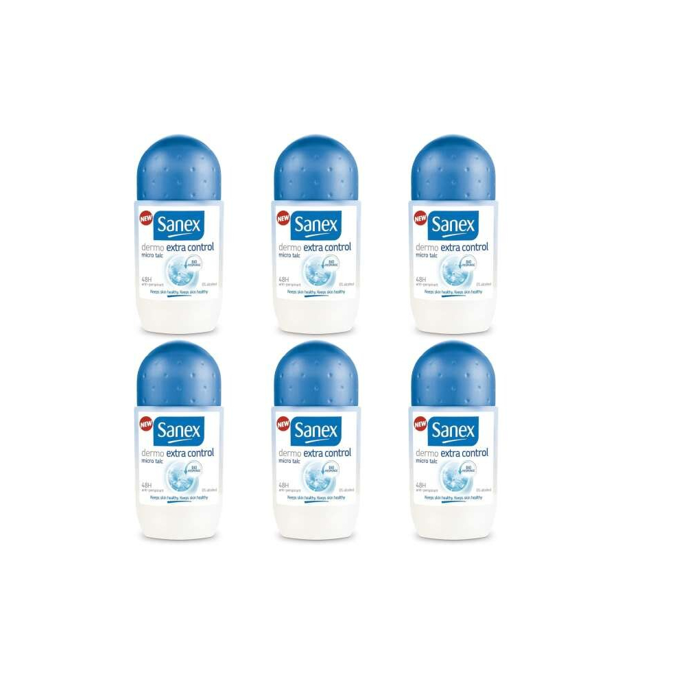 Sanex Dermo Extra Control Roll-On Deodorant, 48h Protection, 50ml (Pack of 6)