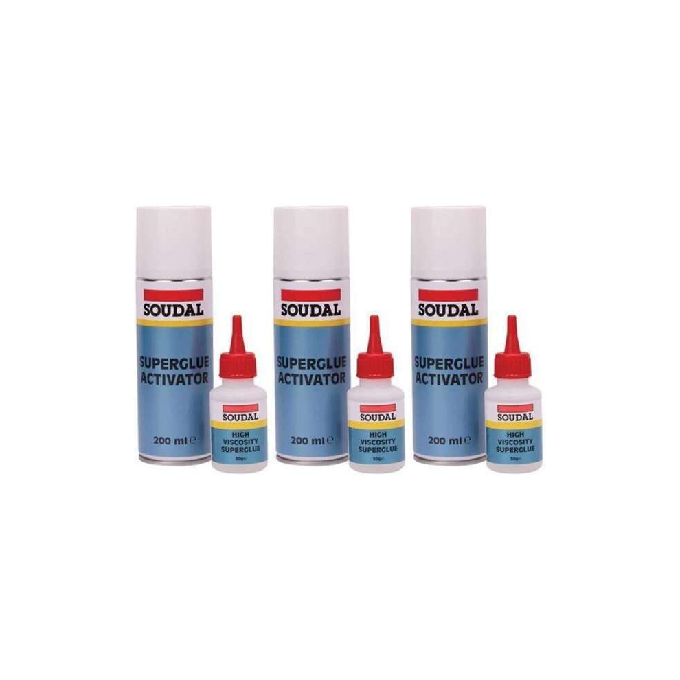 Soudal Mitre Kit Fast Bonding System Superglue 50g and Activator 200ml (White)       115103 (Pack of 3)