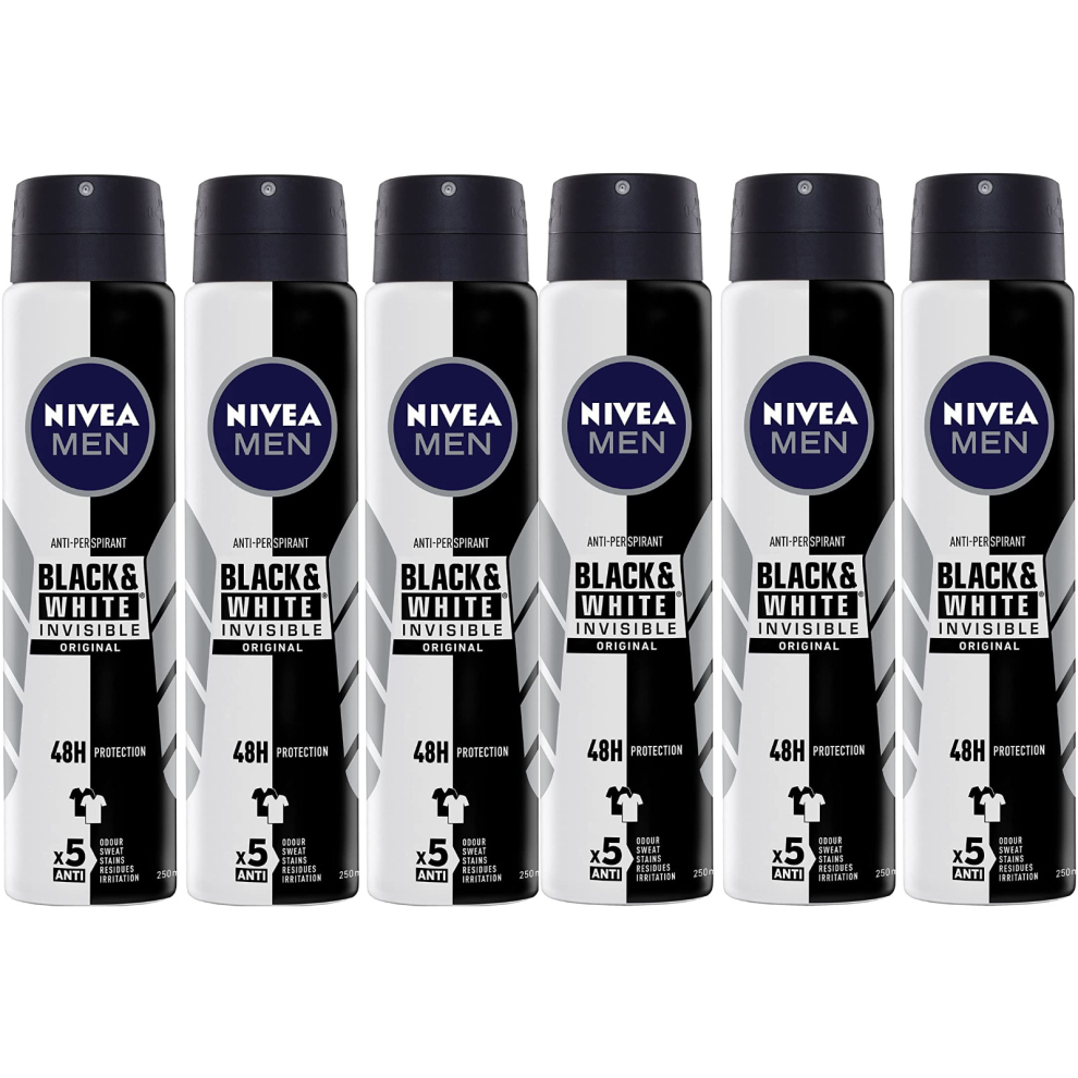 NIVEA MEN Invisible for Black & White Original Anti-Perspirant Deodorant Spray (250ml), 0% Alcohol Aerosol Spray, Anti-Mark Men's Anti-Perspirant