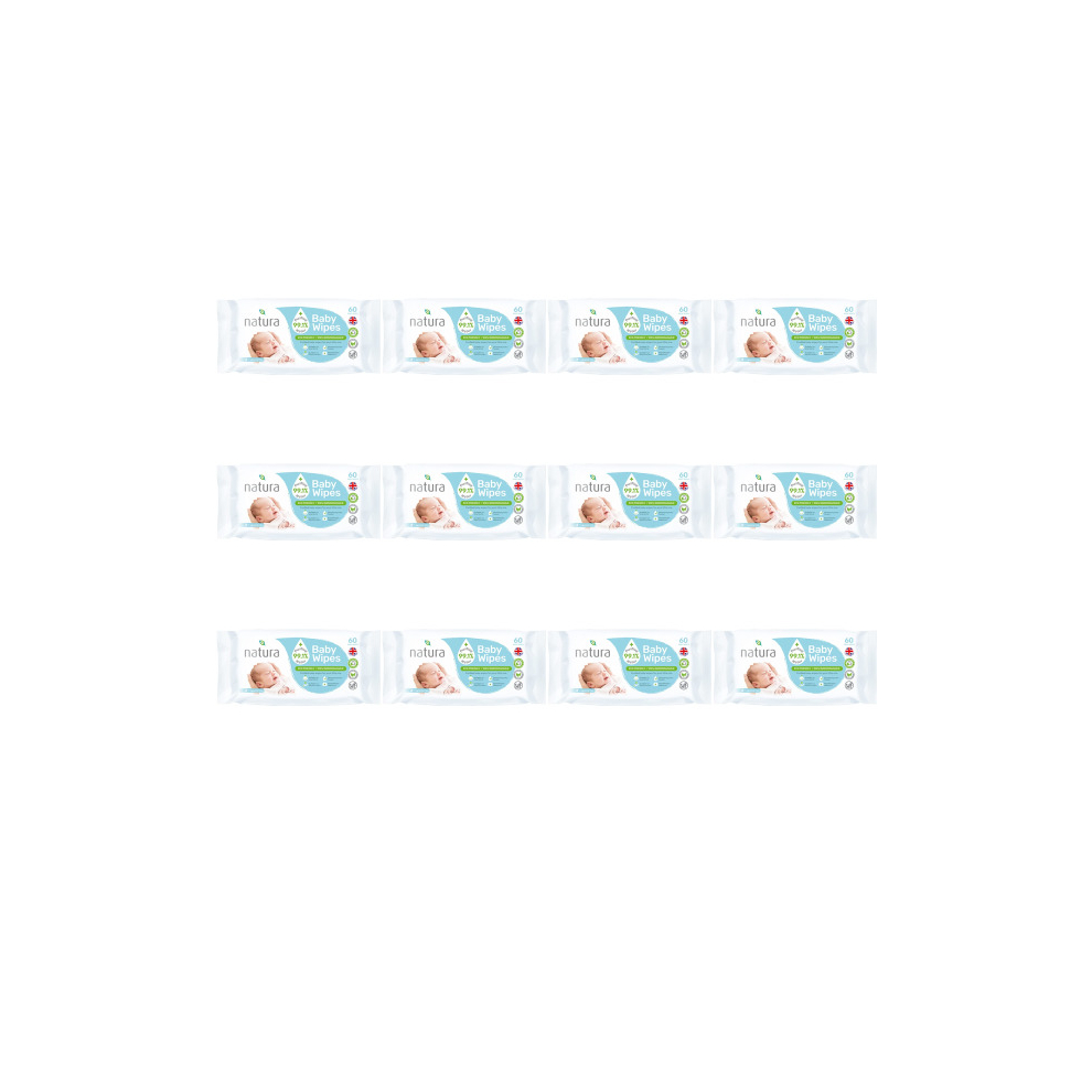 Natura Baby Wipes Sensitive Newborn Biodegradable Unscented, 60 Wipes (Pack of 12)