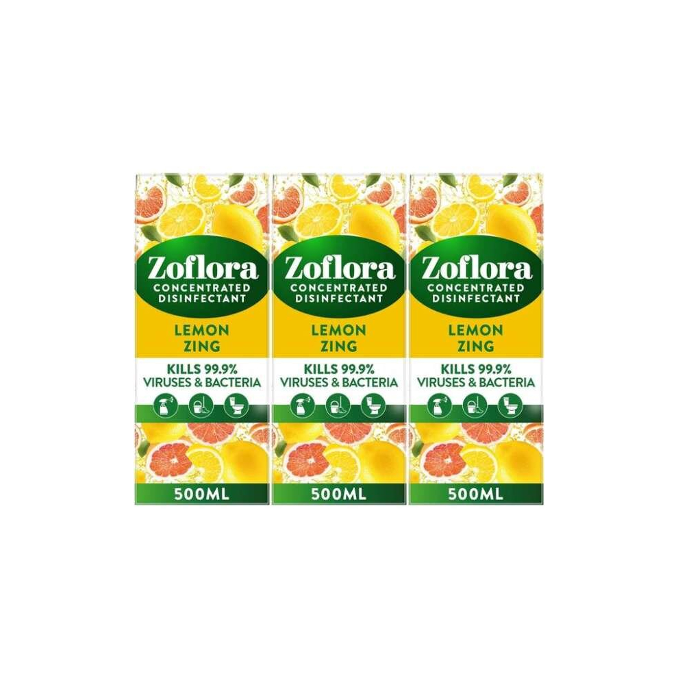 Zoflora Concentrated Antibacterial Disinfectant, 3 in 1 Lemon Zing 500ml (Pack of 3)