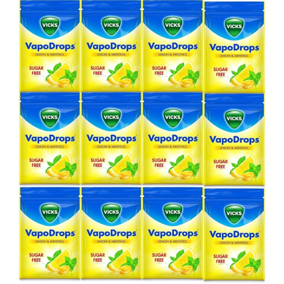 New Vicks Vapodrops Sugar Free Lemon & Menthol For Cold And Flu (Pack Of 12) 72G