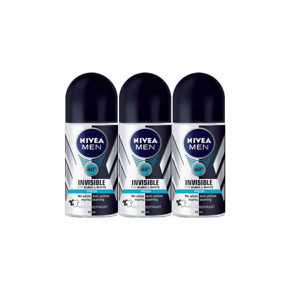 Nivea Men Black and White Invisible Deodorant Roll on 50 ml (Pack of 3)