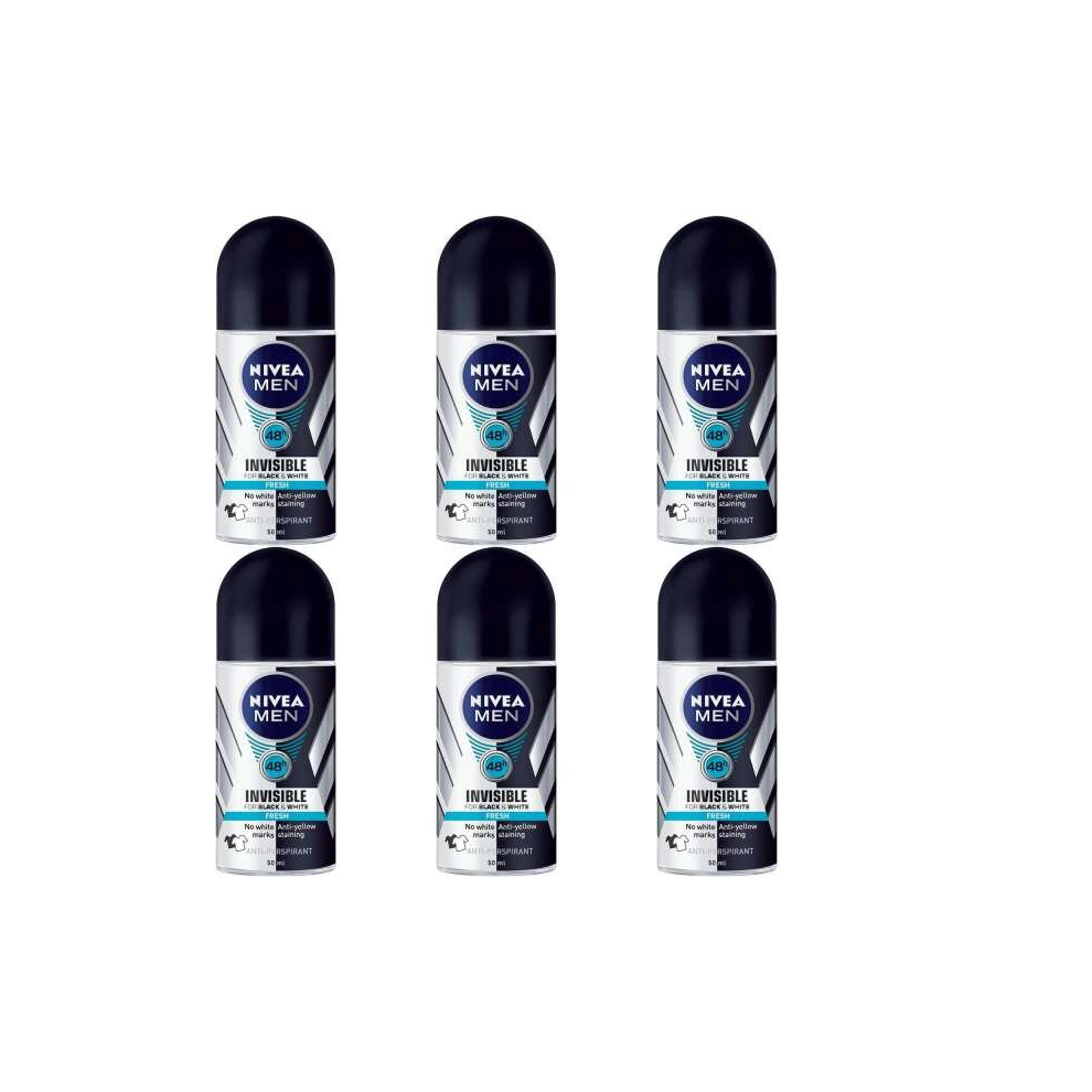 Nivea Men Black and White Invisible Deodorant Roll on 50 ml (Pack of 6)