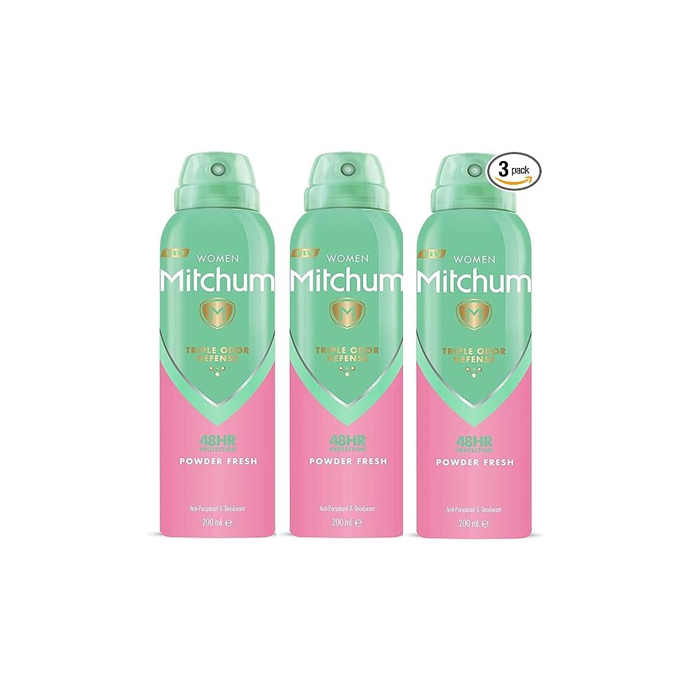 Mitchum Women Triple Odor Defense Deodorant Antiperspirant (200ml) Powder Fresh, (Pack of 3)