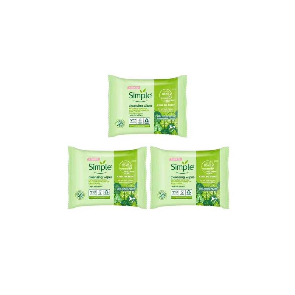 Simple Biodegradable Cleansing Face Wipes 25 Wipes (Pack of 3)