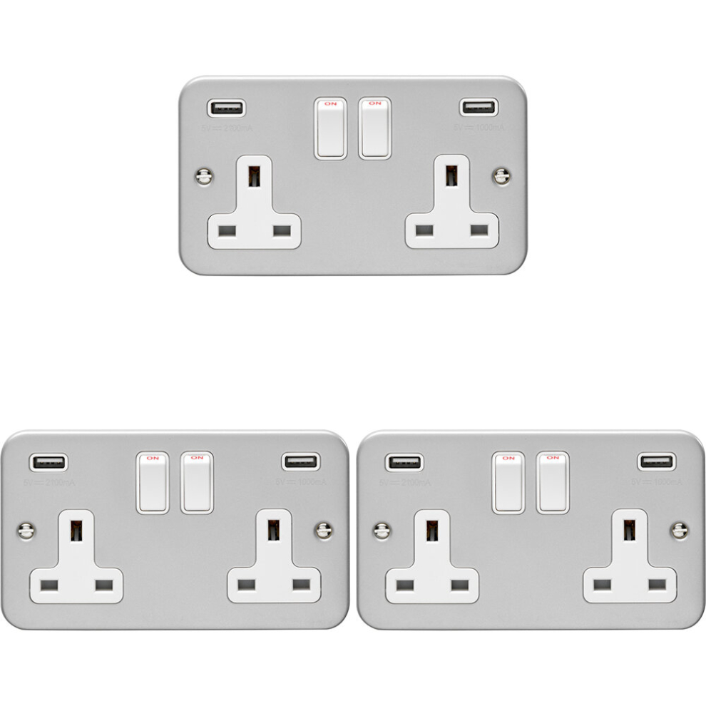 3 PACK 2 Gang 13A Switched UK Plug Socket & 2.1A USB-A HEAVY DUTY METAL CLAD