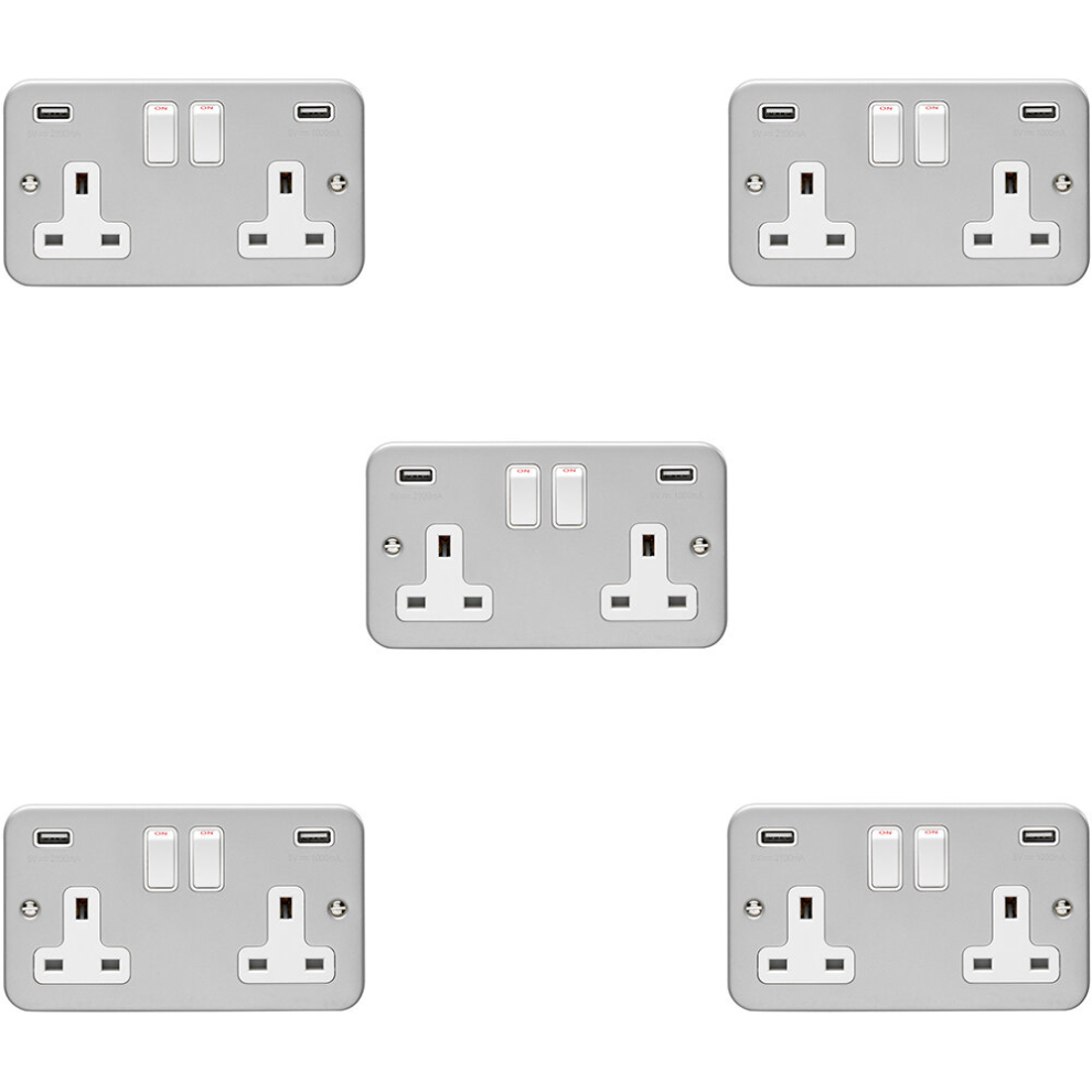 5 PACK 2 Gang 13A Switched UK Plug Socket & 2.1A USB-A HEAVY DUTY METAL CLAD