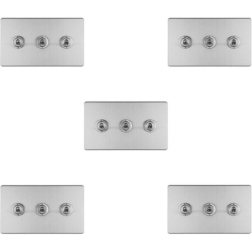 5 PACK 3 Gang Triple Retro Toggle Light Switch SCREWLESS SATIN STEEL 10A 2 Way