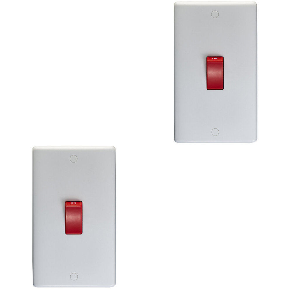 2 PACK 2 Gang Double Vertical 45A DP Cooker Switch - WHITE Rocker Oven Appliance