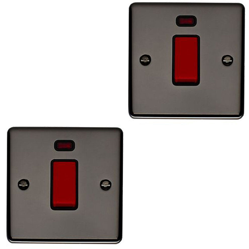 2 PACK 1 Gang Single 45A Cooker Switch Neon - BLACK NICKEL & BLACK Rocker DP