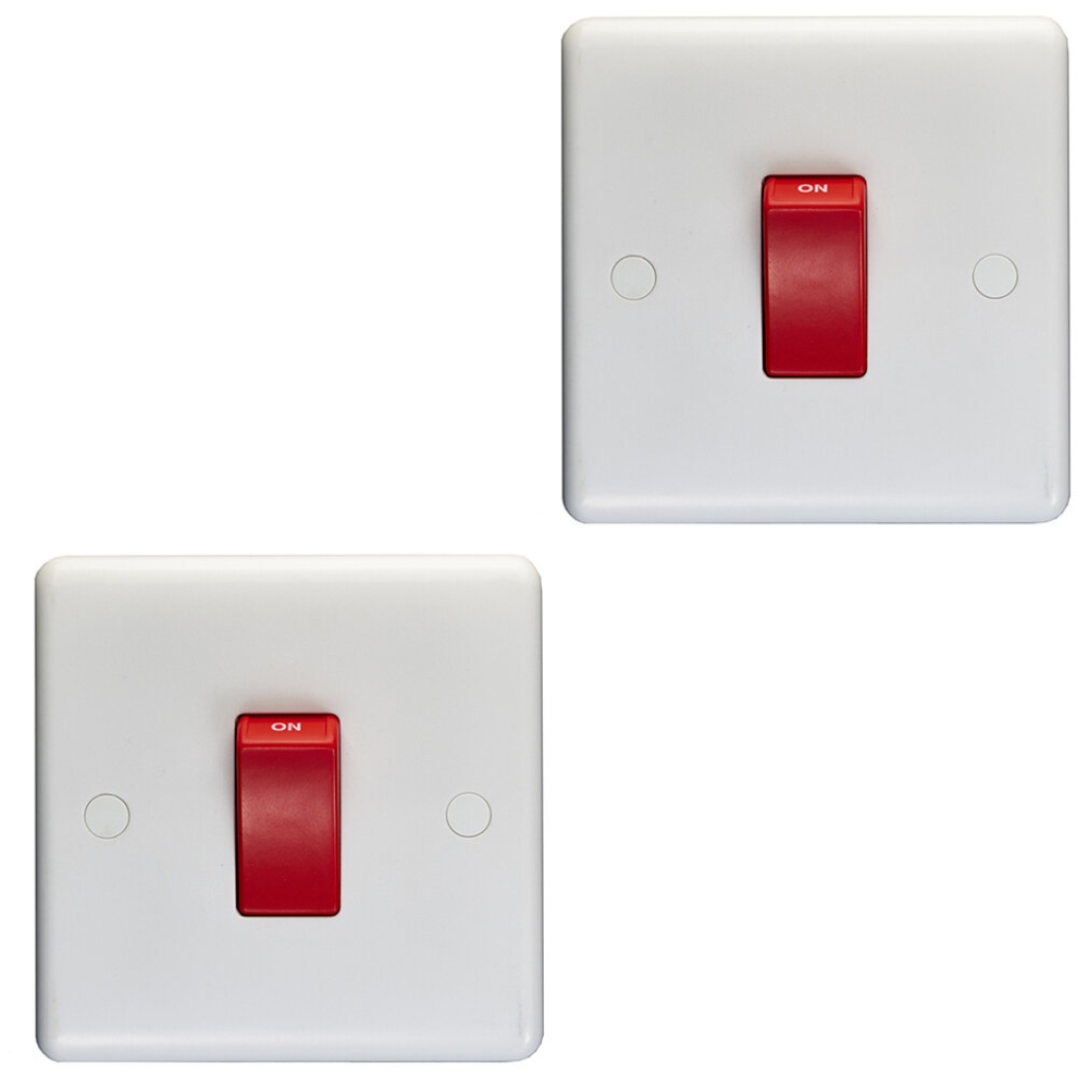 Loops 2 Pack 1 Gang Single 45A Dp Cooker Switch - Plastic Rocker Oven Appliance White
