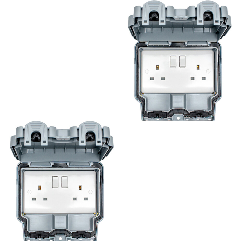 2 PACK IP66 Outdoor 2 Gang Double Switched 13A UK Plug Socket Garden Enclosure