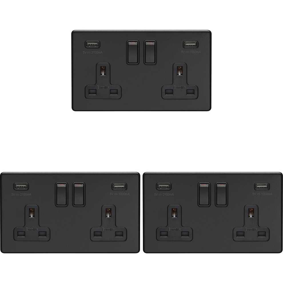 3 PACK 2 Gang Double 13A UK Plug Socket & 2.1A USB-A SCREWLESS MATT BLACK