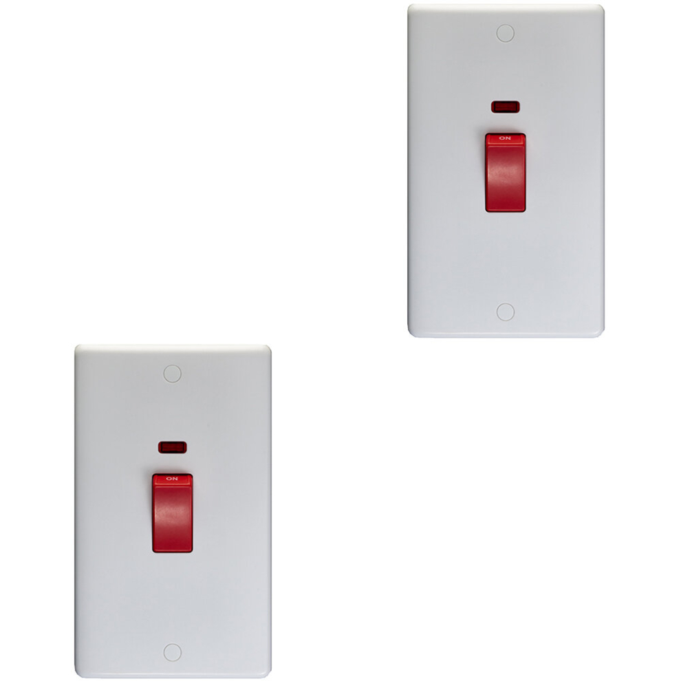 2 PACK 2 Gang Double Vertical 45A DP Cooker Switch & Neon - WHITE Oven Appliance