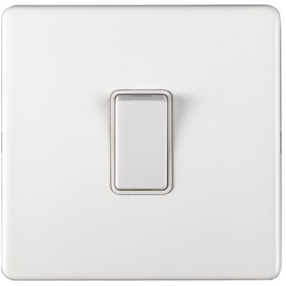 1 Gang Single 10A INTERMEDIATE Light Switch SCREWLESS MATT WHITE Metal Rocker