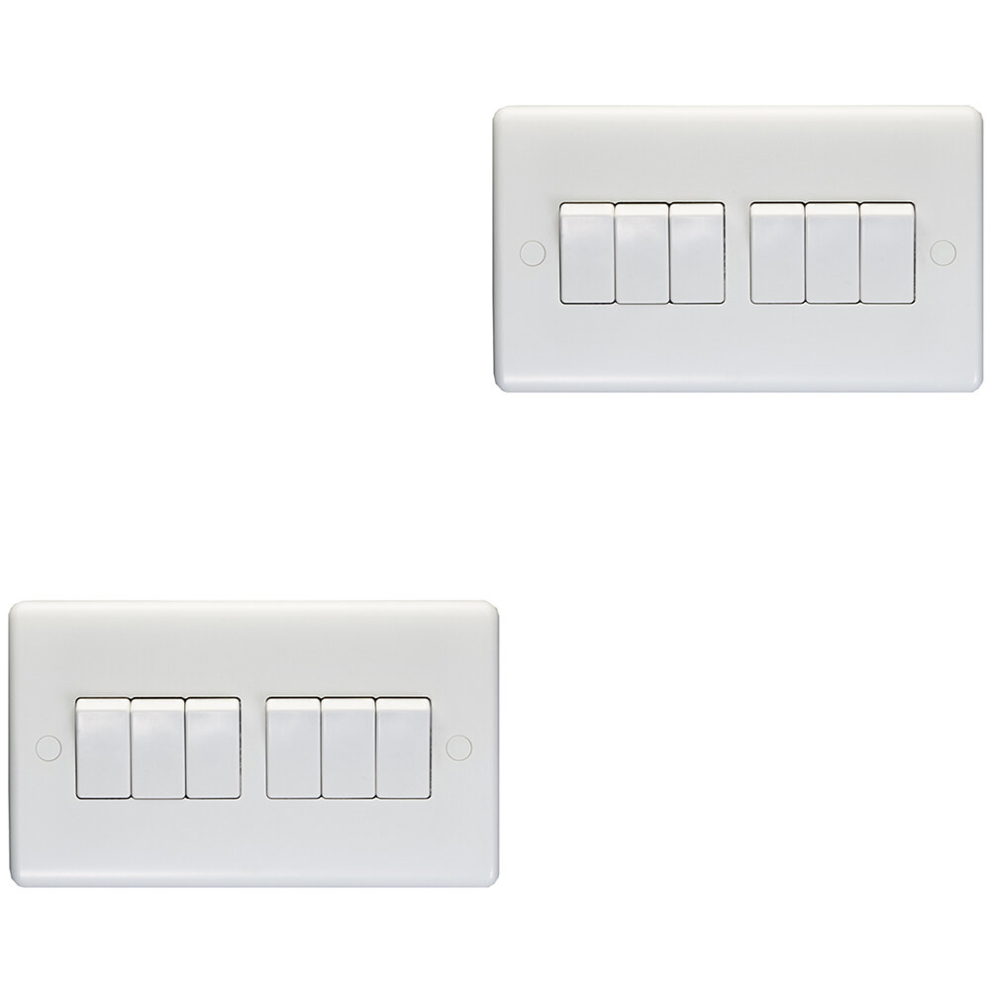 2 PACK 6 Gang Multi 10A Light Switch 2 Way - WHITE PLASTIC Wall Plate Rocker