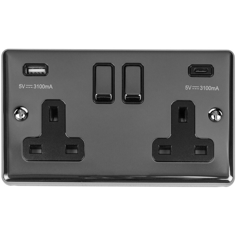 2 Gang Double UK Plug Socket & Dual 3.1A USB-C USB-A BLACK NICKEL 13A Switched