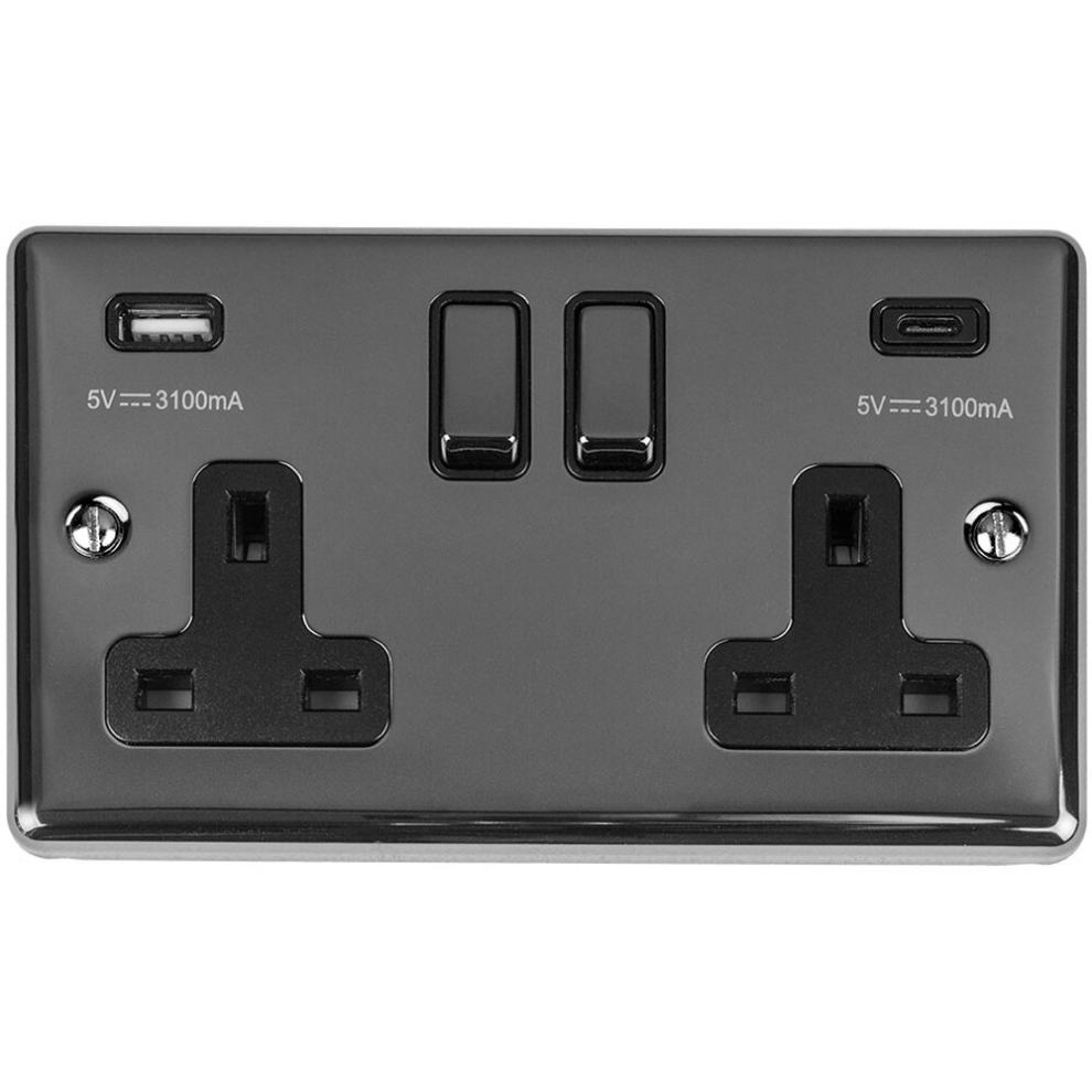 Loops 2 Gang Double Uk Plug Socket & Dual 3.1A Usb-C Usb-A Black Nickel 13A Switched