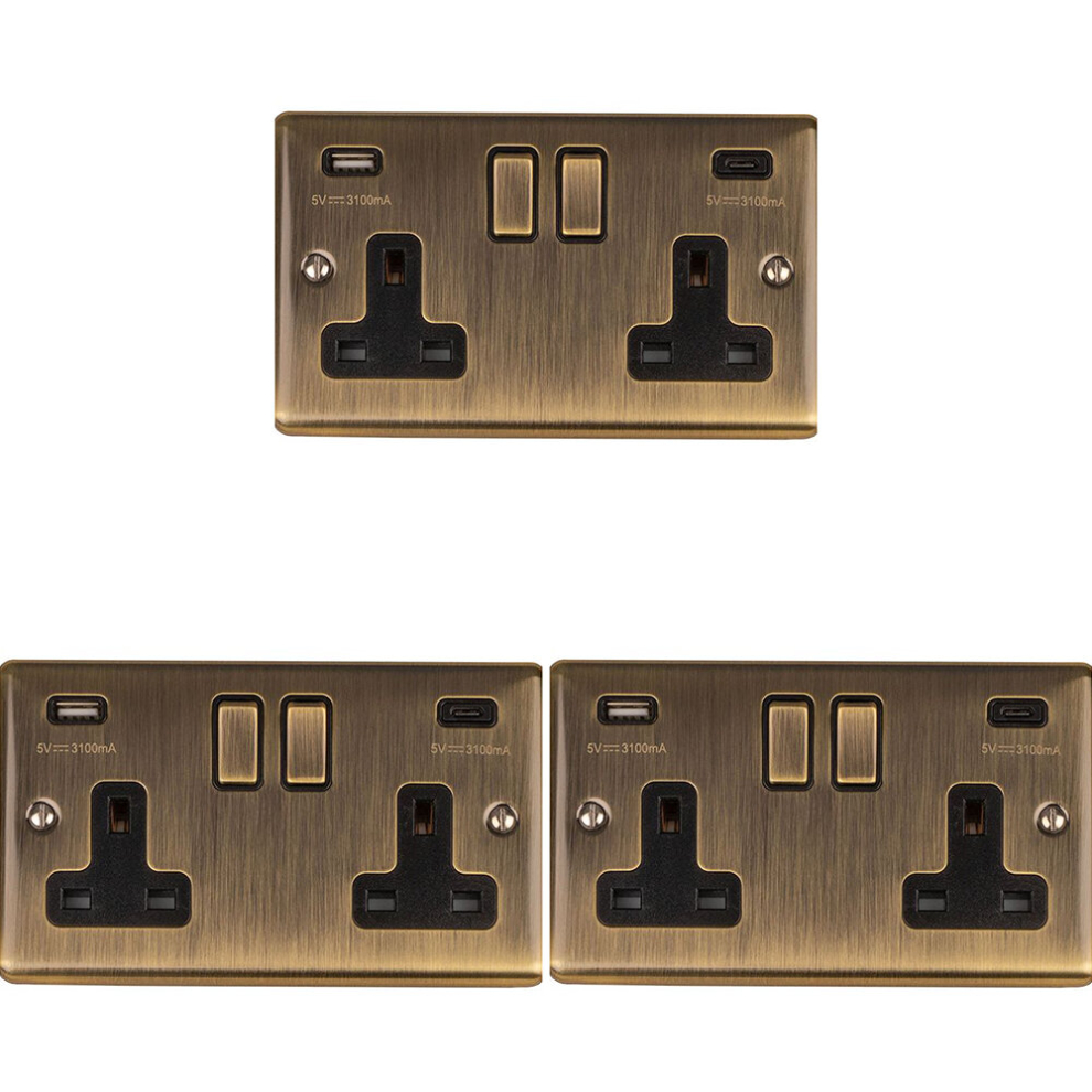 3 PACK 2 Gang Double UK Plug Socket & Dual 3.1A USB-C ANTIQUE BRASS 13A Switched