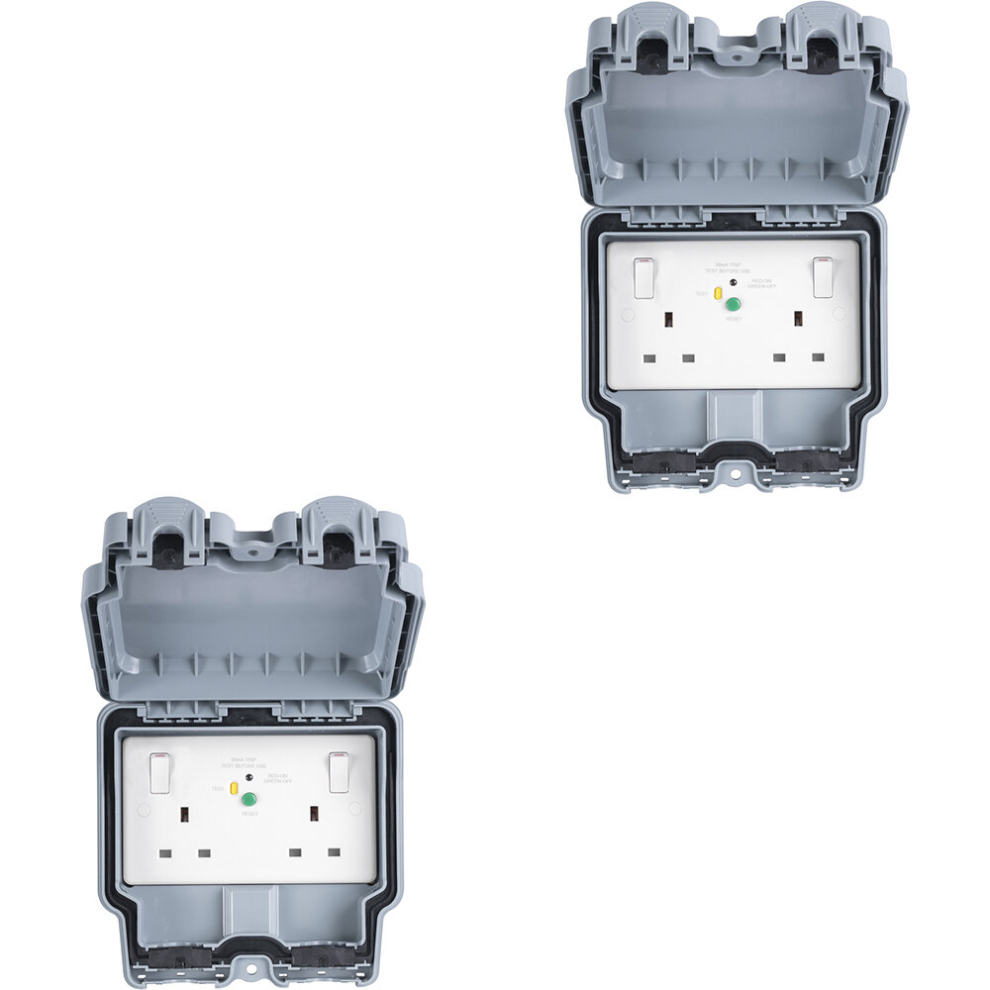 2 PACK IP66 Outdoor 2 Gang Double 13A UK Plug Socket & 30ma RCD Garden Enclosure